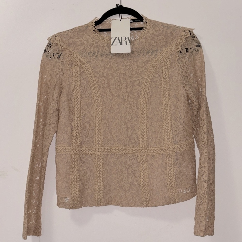 Zara Cream Floral Lace Sheer Blouse XS